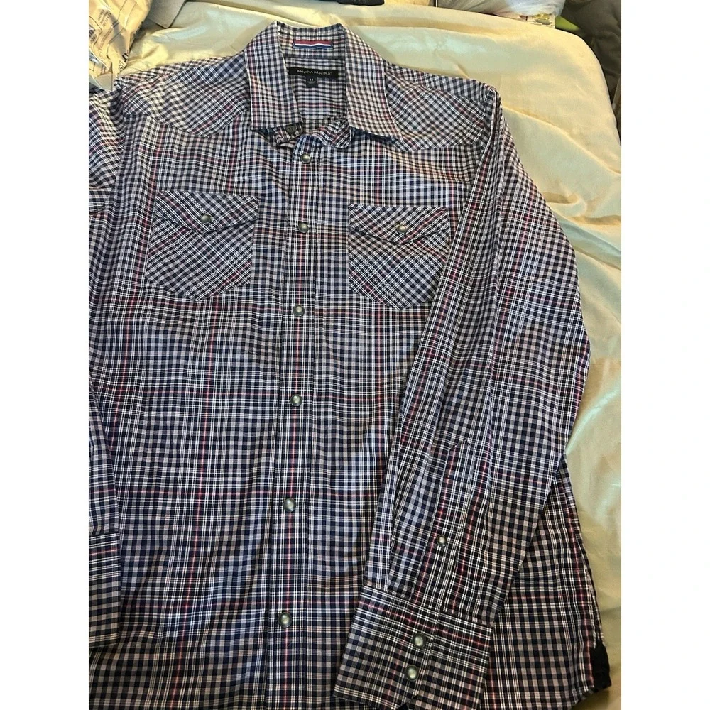 Banana Republic Mens Medium Plaid Western Snap Button Shirt Blue Red Long Sleeve